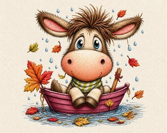 Cute Donkey Embroidery Design, Autumn Donkey in Boat Machine Embroidery File, Fall Animal Digital Pattern, Woodland Decor
