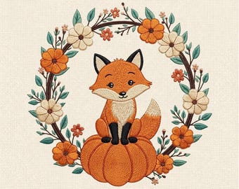 Cute Fox Floral Wreath Machine Embroidery Design, Fox on Pumpkin Embroidery File, Woodland Autumn Decor