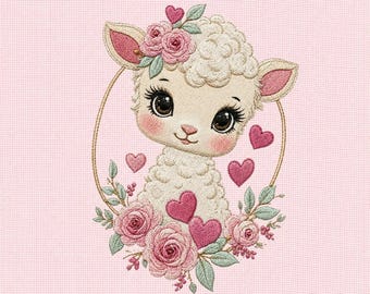 Cute Lamb with Rose Frame Machine Embroidery Design, Floral Sheep Embroidery File, Nursery Decor Design