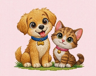 Puppy and Kitten Machine Embroidery Design File, Cute Dog Cat Embroidery Pattern, Pet Lover Design