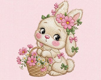Cute Bunny with Flower Basket Machine Embroidery Design, Floral Rabbit Embroidery File, Spring Bunny Design