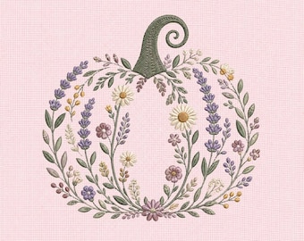 Lavendel Kürbis Kranz Maschinenstickerei, Wildblumen Stickdatei, Botanischer Blumenkranz Stickmuster