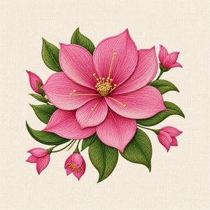 May include: An embroidery design featuring a large, vibrant pink flower with five main petals and a yellow center, surrounded by smaller pink flower buds and detailed green leaves. The entire floral arrangement is stitched onto a light beige fabric.