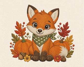 Cute Fox Machine Embroidery Design, Autumn Woodland Fox with Pumpkins, Fall Animal Embroidery Pattern, Forest Decor File