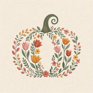May include: An embroidery design featuring a pumpkin shape formed by various flowers and leaves. The pumpkin has a green textured stem and is composed of pink, orange, and yellow tulips and small blossoms with green foliage on a cream fabric.
