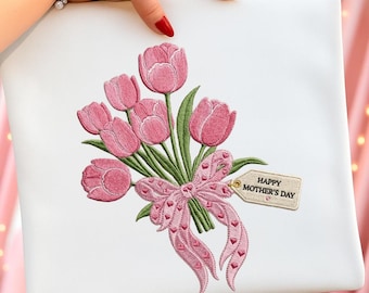 Tulip Bouquet Happy Mothers Day Embroidery Design, Mothers Day Flower, Pink Tulip Floral Stitch Embroidery Design, Instant Download Dst Pe