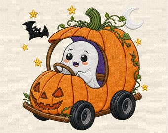 Cute Ghost Pumpkin Car Machine Embroidery Design, Halloween Ghost Embroidery File, Spooky Pumpkin Wagon Pattern