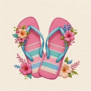 May include: A pair of pink flip-flops featuring horizontal stripes in shades of pink, white, and teal. The straps are light blue with a white pattern. Each flip-flop is decorated with embroidered hibiscus flowers in pink, orange, and cream.