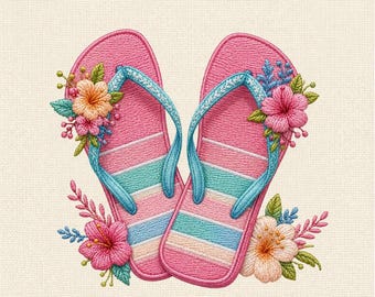 Tropical Flip Flops Machine Embroidery File, Summer Sandals Floral Beach Embroidery Design, Hibiscus Vacation Pattern
