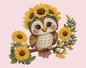 Lindo diseño de bordado a máquina de búho con girasoles, archivo de bordado de búho floral, diseño de ave del bosque