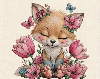 Cute Floral Fox Embroidery Design, Sleeping Fox with Pink Flowers and Butterflies, Woodland Animal Embroidery File