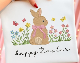 Frohe Ostern Bunny Stickdatei, niedlichen Osterhase mit Blumen, Frühling Bunny Stickdatei, Instant Download Dst Pe