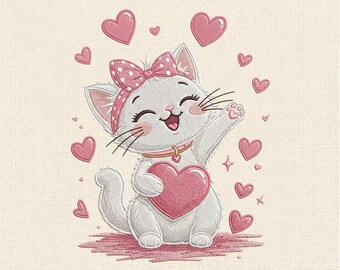 Valentinstag Katze Stickmuster, Stickmuster, Süße Herz Kitty Stickdatei