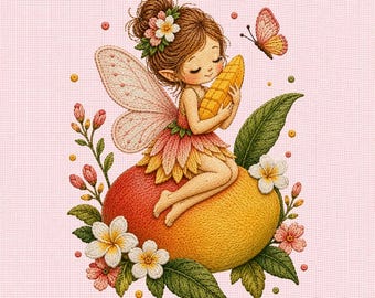 Diseño de bordado a máquina de Hada Mango, Diseño de bordado de Hada de Flores Lindas, Archivo de bordado de Niña Fantasía