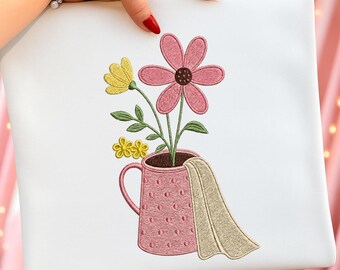 Flower Mug Embroidery Design, Cute Floral Cup, Spring Kitchen Embroidery Design, Instant Download Dst Pe