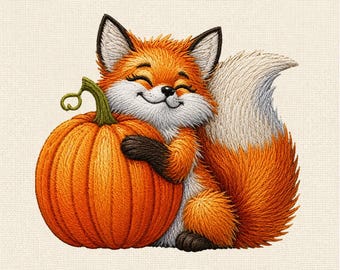 Cute Fox Machine Embroidery Design, Autumn Fox with Pumpkin Embroidery File, Fall Woodland Animal Pattern