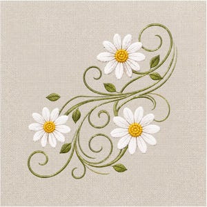 May include: Embroidered design featuring three white daisies with yellow centers and green leaves and vines. The floral arrangement is set against a neutral, textured background, creating a delicate and natural aesthetic.