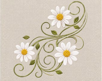 Daisy Floral Vine Machine Embroidery File, White Daisy Flower Botanical Scroll Embroidery Design Instant Download