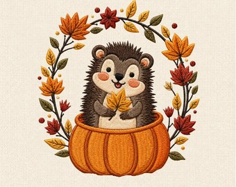 Cute Hedgehog Machine Embroidery Design, Hedgehog in Pumpkin Embroidery File, Autumn Woodland Fall Pattern