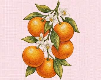 Borduurontwerp oranje tak, citrusvruchten met oranjebloesem, botanische machineborduurbestand