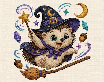 Wizard Hedgehog Machine Embroidery Design, Cute Magical Hedgehog with Star Wand, Fantasy Animal Embroidery File