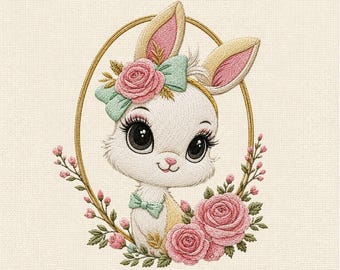 Cute Floral Bunny Machine Embroidery Design, Rabbit Portrait Embroidery File, Spring Nursery Design
