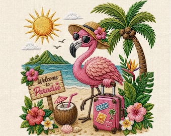 Flamingo Paradise Machine Embroidery File, Tropical Beach Vacation Embroidery Design, Summer Flamingo Pattern, Instant Download