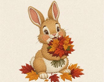Cute Bunny Machine Embroidery Design, Rabbit with Autumn Leaves Embroidery File, Fall Woodland Animal Stitch Pattern
