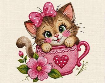 Süßes Kätzchen in der Teetasse Stickmuster, Stickdatei für die Stickmaschine, Stickmuster Kawaii Kitty