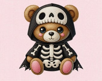 Diseño de bordado a máquina de un lindo osito de peluche esqueleto, archivo de bordado de oso de Halloween, decoración de animales de peluche espeluznantes