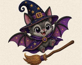 Bat Wing Kitten Machine Embroidery Design, Cute Halloween Cat with Wings, Fantasy Embroidery File