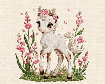 Cute Baby Horse Machine Embroidery Design, Floral Foal Embroidery File, Farm Animal Nursery Design