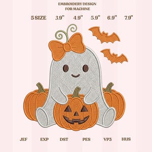 May include: Machine embroidery design featuring a white ghost with a brown bow, sitting among three orange pumpkins, two of which are jack-o'-lanterns. Includes two orange bats, text reading EMBROIDERY DESIGN FOR MACHINE, 5 SIZE, 3.9", 4.9", 5.9", 6.9", 7.9", and file formats JEF, EXP, DST, PES, VP3, HUS.
