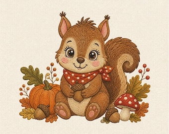 Cute Squirrel Machine Embroidery Design, Autumn Squirrel Holding Acorn, Fall Woodland Embroidery Pattern, Forest Animal File