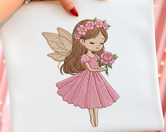 Fairy Girl Embroidery Design, Floral Fairy with Rose, Cute Pink Dress Fairy, Baby Girl Embroidery Design Instant Download