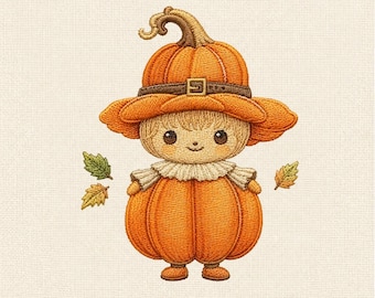 Cute Pumpkin Scarecrow Machine Embroidery Design, Kawaii Fall Doll Embroidery File, Autumn Harvest Stitch Pattern