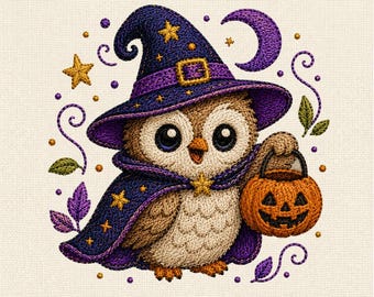Cute Owl Wizard Halloween Machine Embroidery Design, Kawaii Owl with Pumpkin Basket Embroidery File
