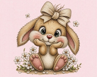 Cute Bunny with Bow Machine Embroidery Design File, Sweet Rabbit Embroidery Pattern, Floral Bunny Nursery Decor