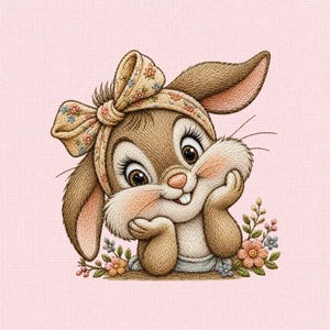 Bunny with Floral Headband Machine Embroidery Design File, Cute Rabbit Embroidery Pattern