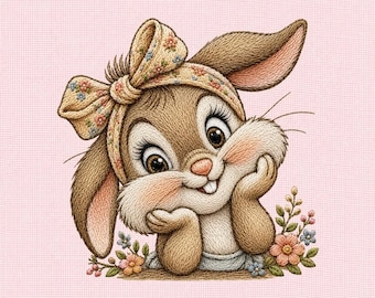 Bunny with Floral Headband Machine Embroidery Design File, Cute Rabbit Embroidery Pattern