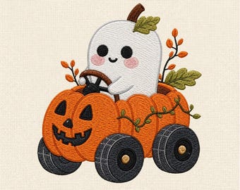 Cute Ghost Pumpkin Truck Machine Embroidery Design, Halloween Ghost Embroidery File, Pumpkin Wagon Stitch Pattern