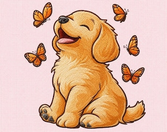 Cute Golden Retriever Embroidery Design, Puppy with Butterflies Machine Embroidery File, Dog Design