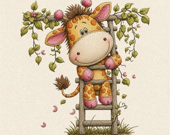 Cute Giraffe Embroidery Design, Baby Giraffe on Ladder Machine Embroidery File, Safari Animal Digital Pattern