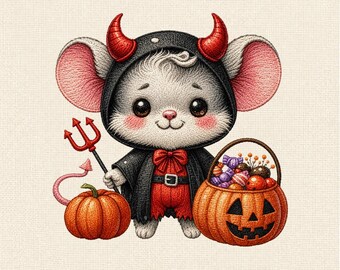 Süßer Teufel Maus Halloween Maschinenstickerei, Kawaii Maus Stickdatei, Kürbis Süßes oder Saures Stichmuster
