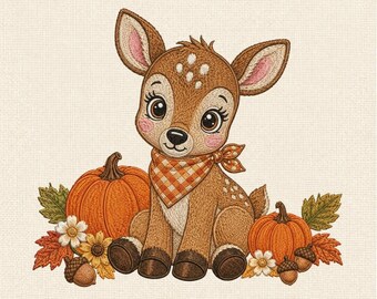 Cute Baby Deer Machine Embroidery Design, Fall Fawn with Pumpkins, Woodland Autumn Embroidery Pattern, Forest Animal File
