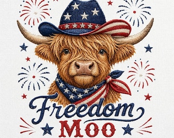 Freedom Moo Highland Cow machineborduurbestand, patriottische 4 juli koe borduurontwerp, Instant Download