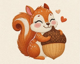 Cute Squirrel Machine Embroidery Design, Squirrel with Acorn Embroidery File, Woodland Animal Autumn Digital Stitch Pattern