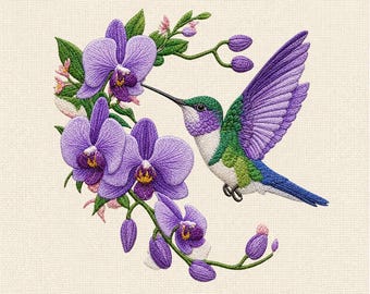 Purple Orchid Hummingbird Machine Embroidery File, Tropical Flower Bird Embroidery Design, Botanical Stitch Pattern, Instant Download
