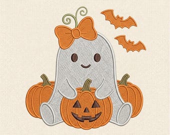 Lindo fantasma con calabazas, diseño de bordado a máquina, archivo de bordado de fantasma de Halloween, decoración otoñal kawaii