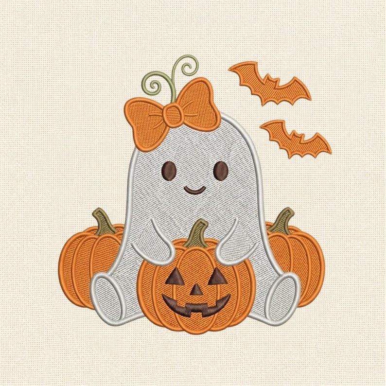 May include: An embroidery design featuring a white ghost with a large orange bow on its head, sitting between two plain orange pumpkins and holding a third orange jack-o'-lantern pumpkin. Two small orange bats are positioned to the right side.